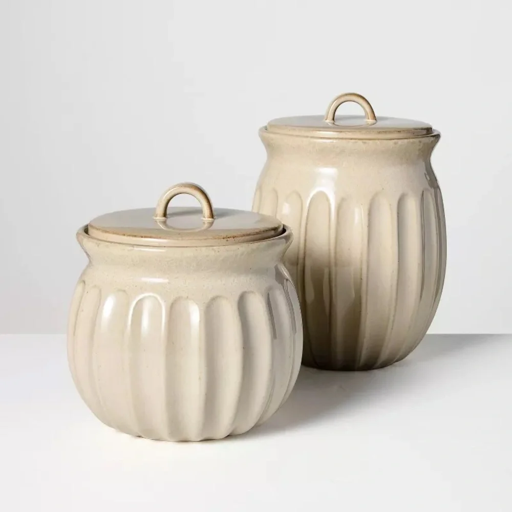 128oz Fluted Stoneware Countertop Canister Tan - Hearth & Hand™ with Magnolia